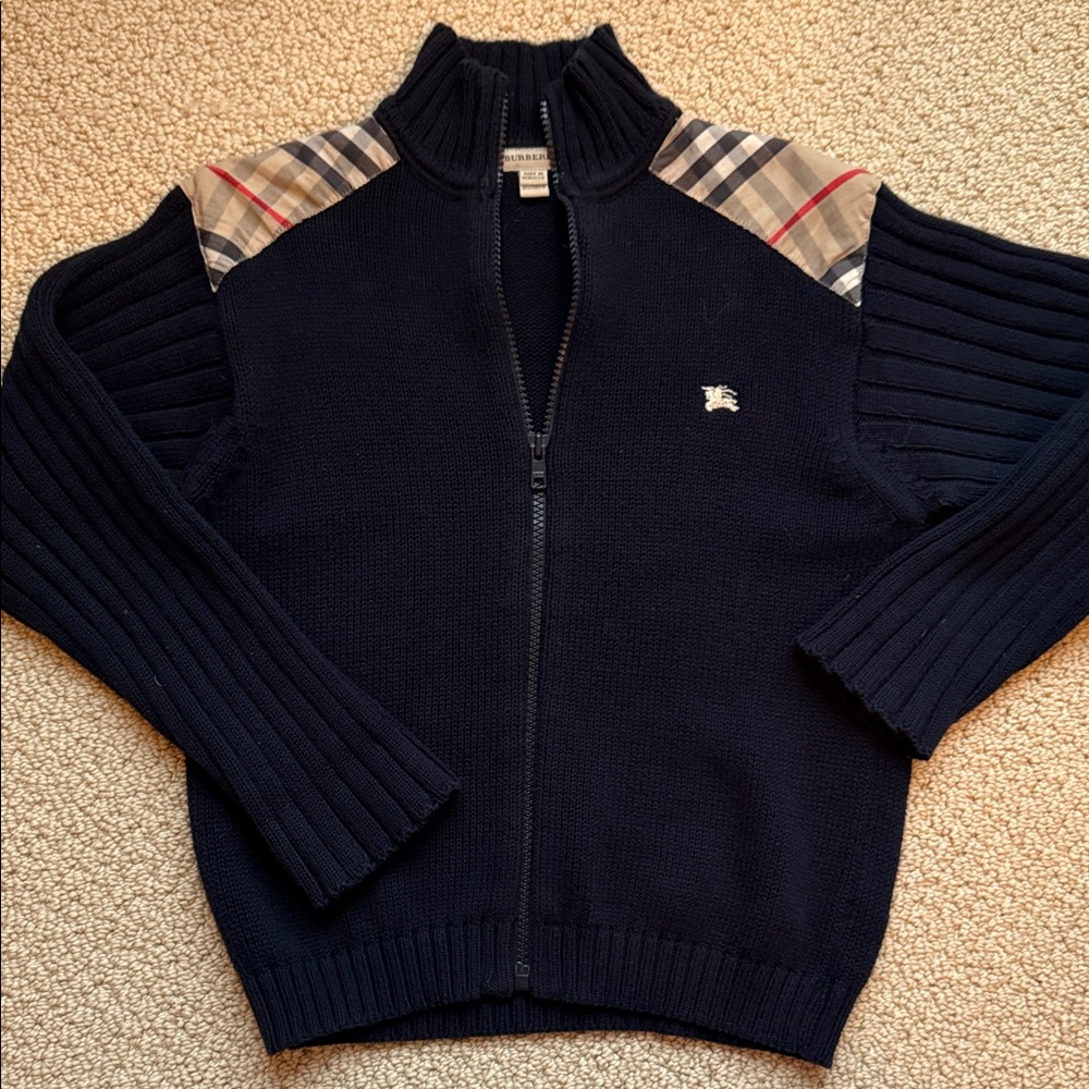 Burberry Dark Blue Zip front with classic Plaid Shoulder Detail